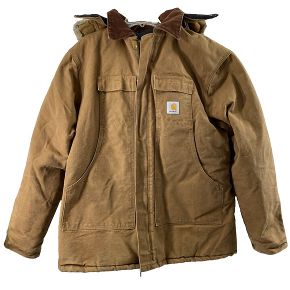 Vtg Carhartt C03 BRN Jacket Mens Sz 52 Tall Brown Canvas Snap On Hood Work Coat